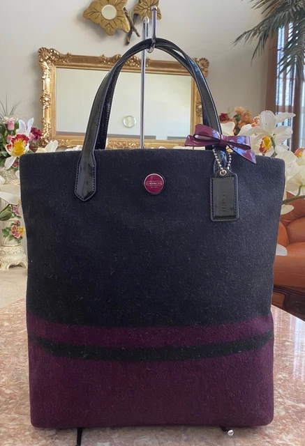 New Coach Charcoal Berry Purple Stripe Wool N/S Tote Bag 24665, MSRP $298