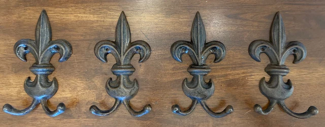 4 Cast Iron Antique Style Rustic Fleur De Lis Coat Wall Hooks Hat Towel