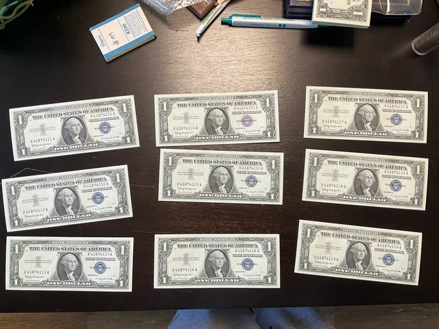 Lot of 10 Sequential One Dollar Blue Seal Silver Certificate Bill $1 Consecutive