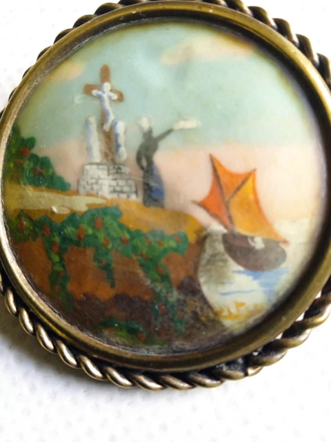 Broche peinture miniature, broches d'occasion en or blanc