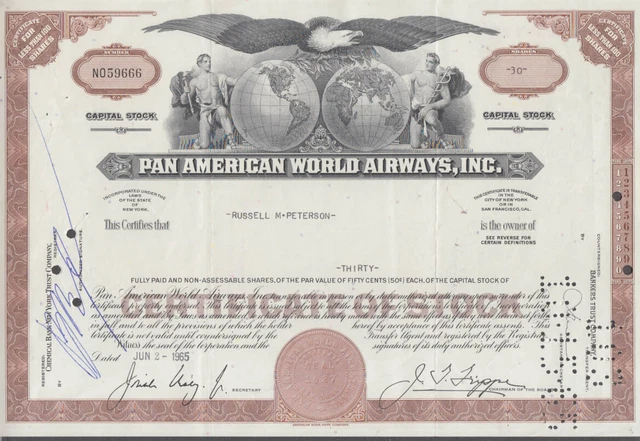 Pan American World Airways airline stock certificate Thirty Shares 1965