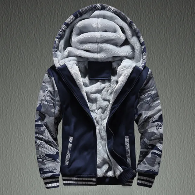 Mens Camouflage Zip Tops Winter Thick Fleece Hooded Coat Hoody Jacket Outwear
