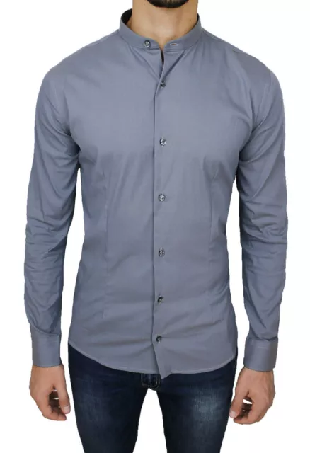 Camicia Uomo Casual Slim Fit Aderente Grigia In Cotone Con Colletto Alla Coreana