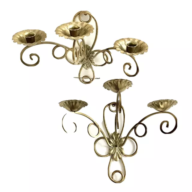 Solid BRASS SCONCES 3-Arm Candle Holder Homco VINTAGE trendy Cottage decor EUC