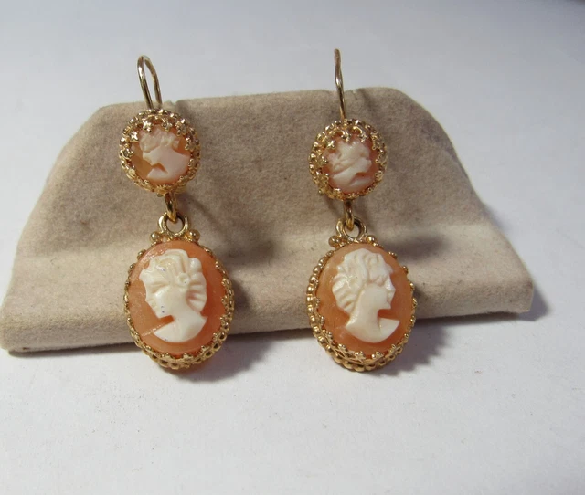 Vintage 14K Solid Gold Double Drop One Piece Shell Cameo Earrings Vintage 14K Solid Gold Double Drop One Piece Shell Cameo Earrings