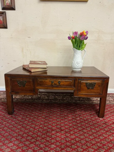 Stunning Chinese 19Th Century Elm Low Table With Three Drawers