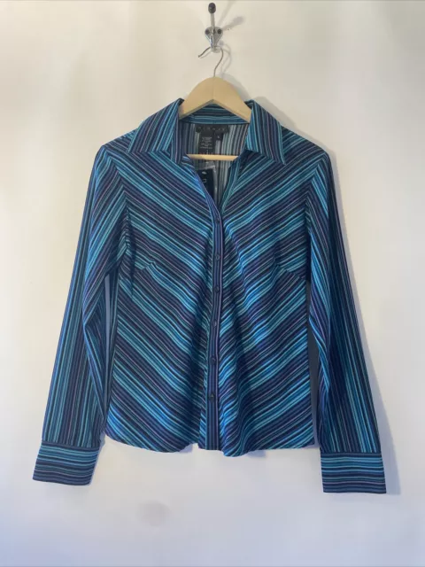 Ninety Womens Blue Purple Striped Button Up Long Sleeve Size Small New With Tags