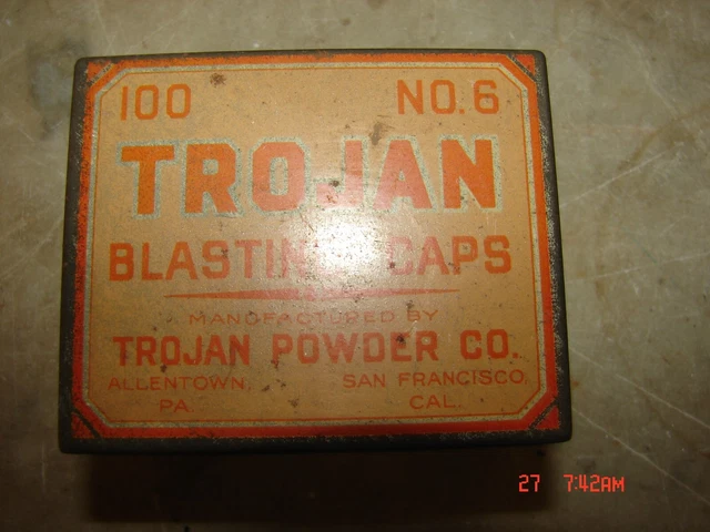 Vintage Trojan Powder Co. Blasting Caps Tin 100 No. 6 Wilmington, DE