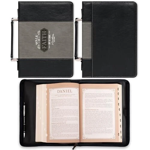 Black & Gray Silver Large Bible Cover for Men Walk by Faith Scripture Carry Case