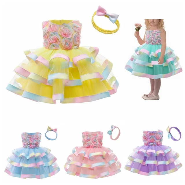 Flower Baby Girl Tutu Tiered Dress Princess Birthday Party Gown+Bowknot Headband