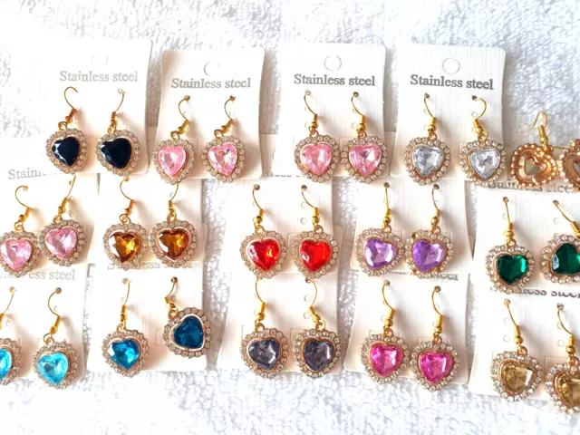 Joblot of 40 pairs Mixed colour Crystal Heart Diamante Earrings - NEW Wholesale