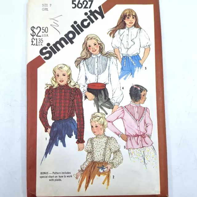 VTG 80s Simplicity 5627 Girls Set of Button Front Blouses Size 7 Sewing Pattern