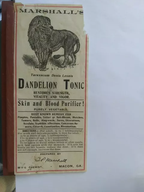 Vtg Marshalls Dandelion Tonic Label. Skin and blood purifier.Macron, Georgia.(C4