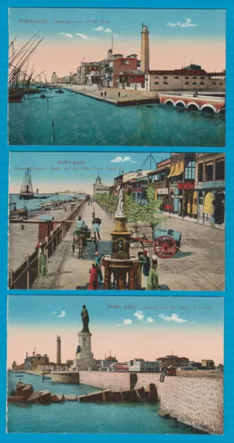 Egypt Postcard x 3.PORT SAID, SUEZ CANAL OFFICE, QUAYSIDE, STATUE OF LESSEPS.