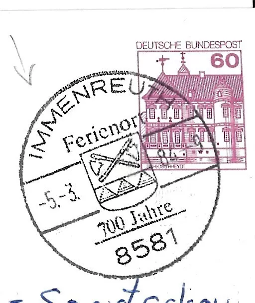 Postkarte mit Sonderstempel Deutschland Ferienort IMMENREUTH