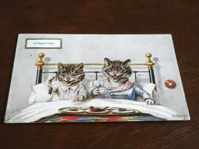Original  Ellam Signed  Anthropomorphic Tuck Cat Postcard, Breakfast In Bed 574B