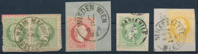 ÖSTERREICH 1867 4 Briefstücke mit WIEN Stempeln. Schönes Lot!