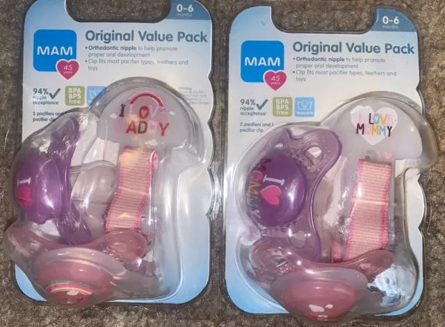 MAM 2 Pacifiers & Clip Original Value Pack, 0/6M, “I love Mommy & Daddy”