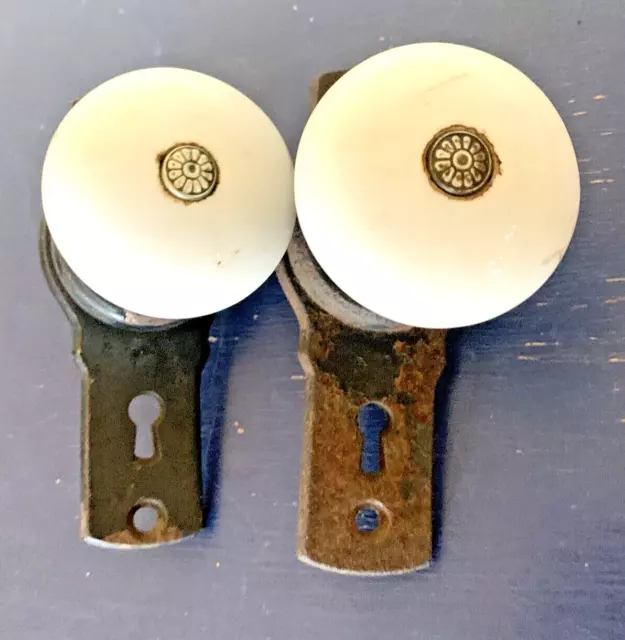 2 Antique Vintage Gilbert's Locks White Porcelain Door Knobs Brass and Steel