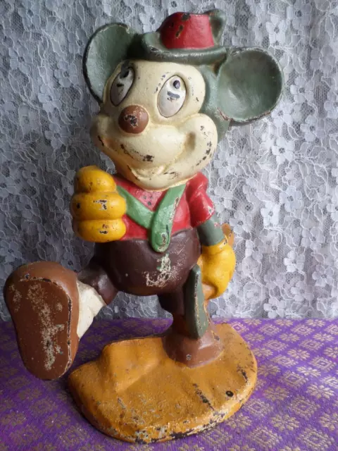 early vintage cast iron Mickey Mouse 9" doorstop weight miner pickax lederhosen