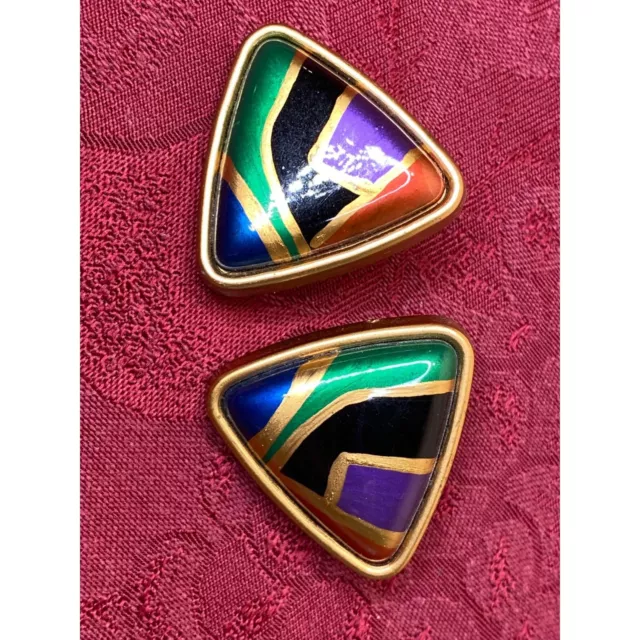 Vintage Triangle Geometric Multi-Color Hand Painted Clip On Earrings