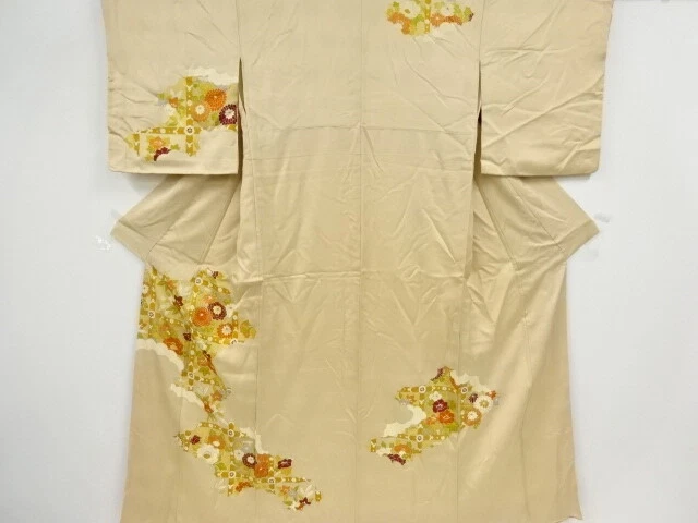 42389# Japanese Kimono / Antique Kimono / Embroidery / Cloud With Kiku & Peo