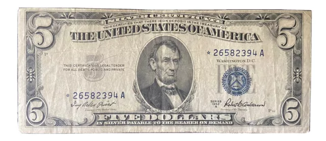 1953 A Five Dollar Silver Certificate Note $5 Bill * STAR NOTE Blue Seal