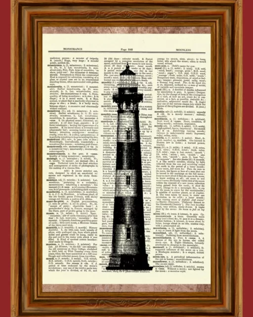 Vintage Lighthouse Dictionary Art Print Picture Ocean Poster Nautical B&W