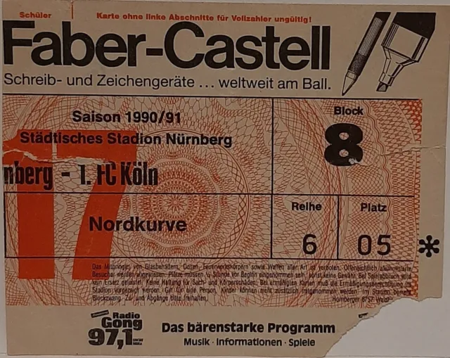 Ticket Eintrittskarte Bundesliga 1.FC Nürnberg - 1.FC Köln 1990 1991