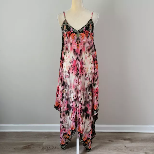 TOLANI 'Drew' Size XL Floral 100% Silk Spaghetti Strap Handkerchief Cami Dress