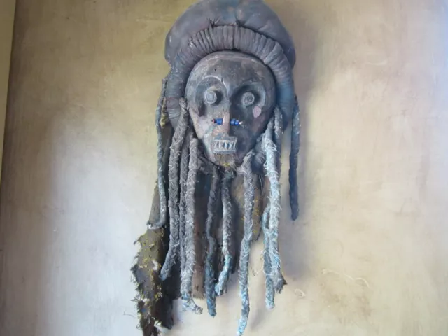 AFRICAN DAN MASK Real Tribally Used! HEAVY Wood, Cloth, Braids, Beads Collector