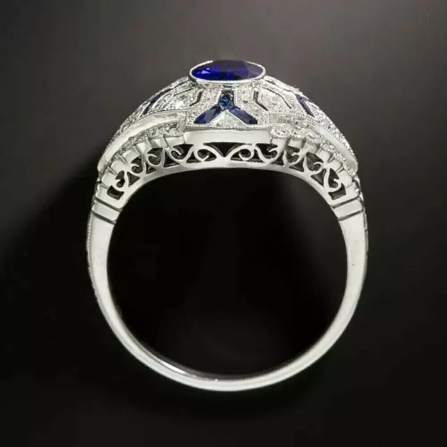 Art Deco Style Oval cut Blue Sapphire & CZ Milgrain wedding 925 Silver Ring. 3