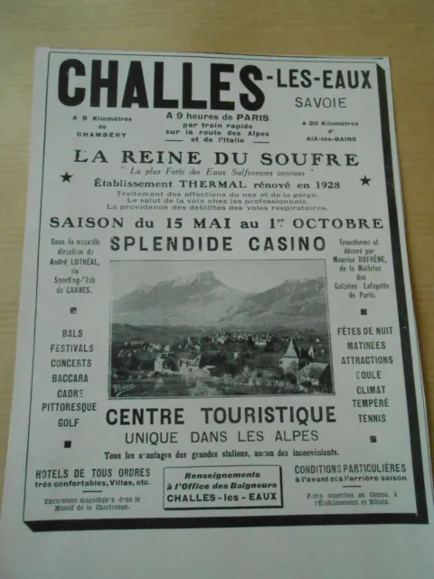 Publicité 1929  Challes les Eaux Savoie Splendide Casino Tourisme Alpes
