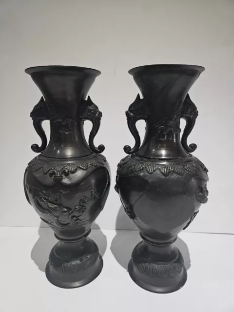 Large 19th Century Japanese Bronze twin dragon head handled vases 31 cm