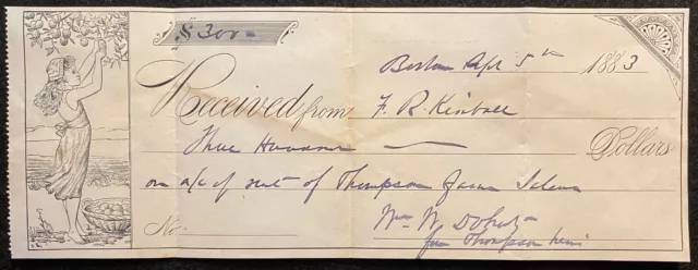 1883 *Boston, Massachusetts* $300.00 {{Girl Vignette}} Payment Receipt! Notable!