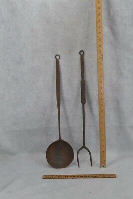 fireplace  ladle + fork long handle cooking forged 20 in  original 19th c early