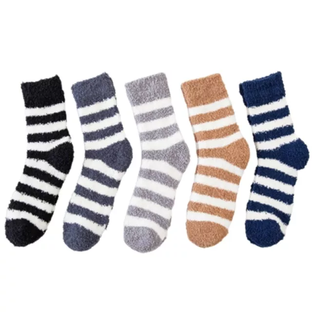 5 Pairs Men Winter Fuzzy Warm Slipper Socks Striped Coral Velvet Sleep Hosiery