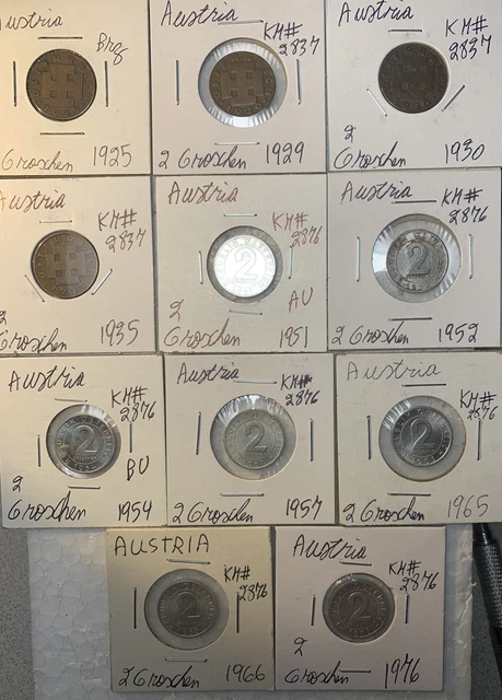 Austria 1925 - 1976 Two 2 Groschen 11 Coin Lot High Grades XF - BU Condition