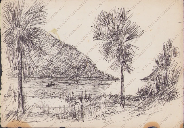 Disegno vista sul mare pescatori Penna inchiostro