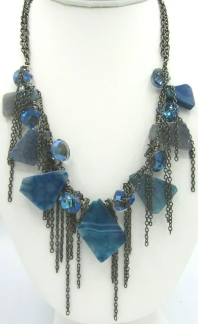 Fashion Blue Glass & Agate Slab Dangles Fringe Gunmetal Tone Collar Necklace 18"