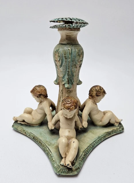 Vintage Cast Iron Painted Cherub Candlebra Statue Figurine 6" Candle Holder