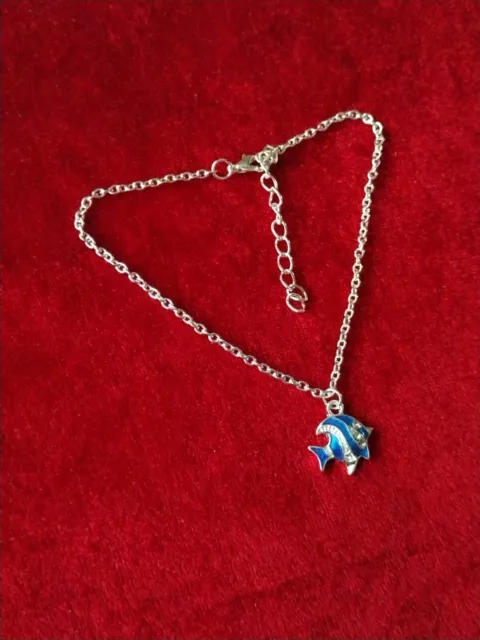 Silver plated anklet with an enameled Angel fish pendant set with Rhinestones