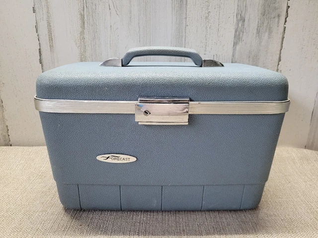 Vtg Sears Forecast Blue Train Case Travel Makeup Hard Luggage Mid Century Bag