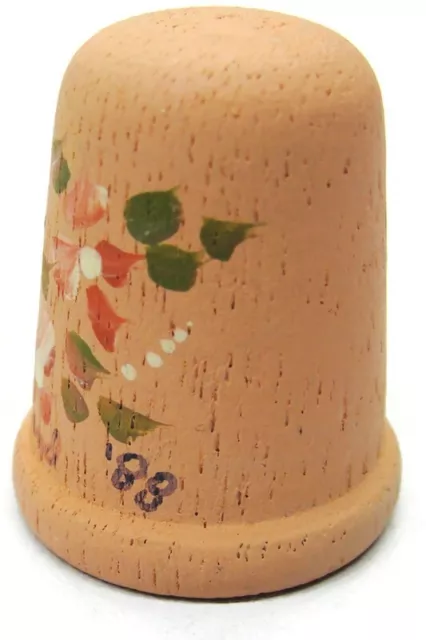 Vintage Pink Wooden Thimble Hand Painted Flowers Signed 2