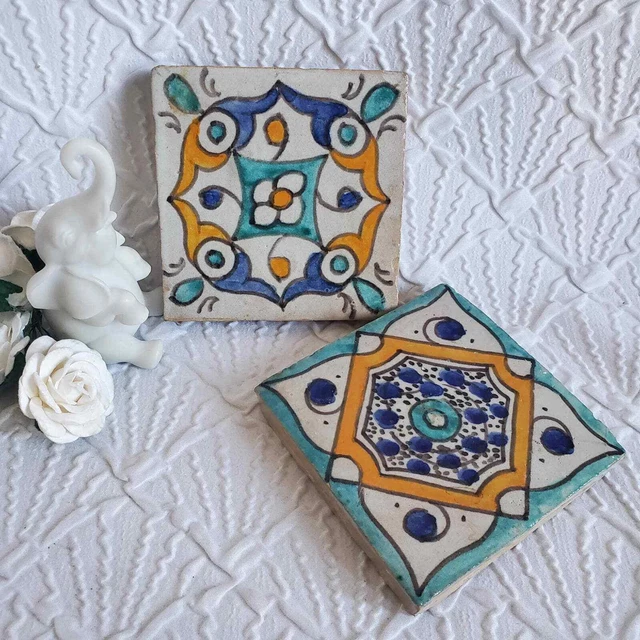 Pair of Moorish Ceramic Tiles, Vintage Moroccan Spanish Salvage Tile Coaster