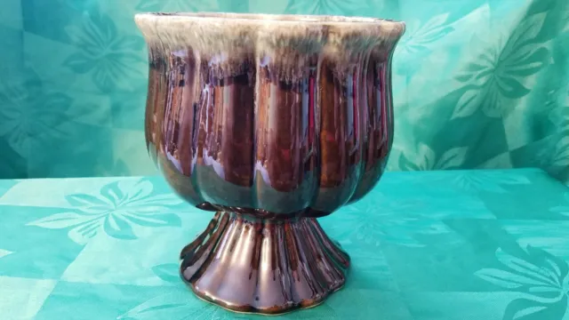 Vintage Hull Pottery F88 Brown Pedestal Planter With Green Drip Glaze 6"  USA