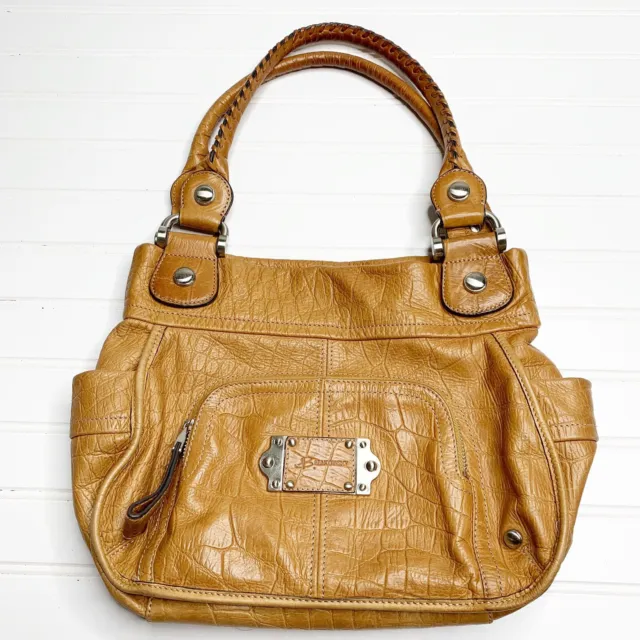 B. Makowsky Croc Embossed Leather Purse Handbag Bag Tan Brown Shoulder Bag