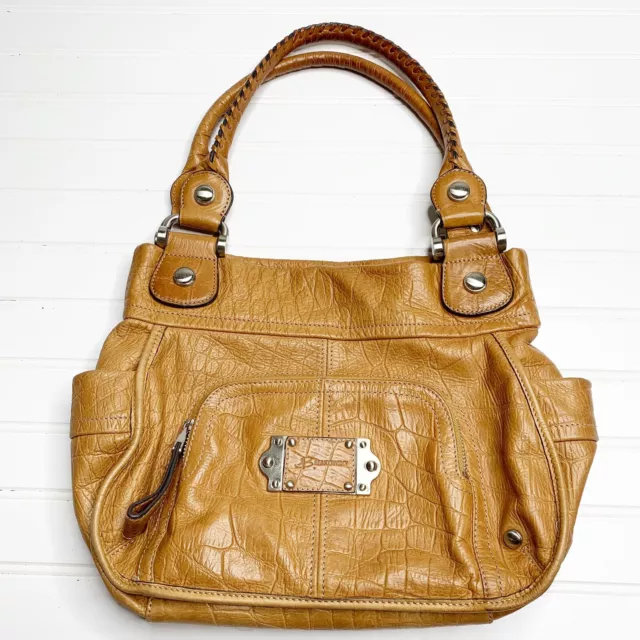 B. Makowsky Croc Embossed Leather Purse Handbag Bag Tan Brown Shoulder Bag