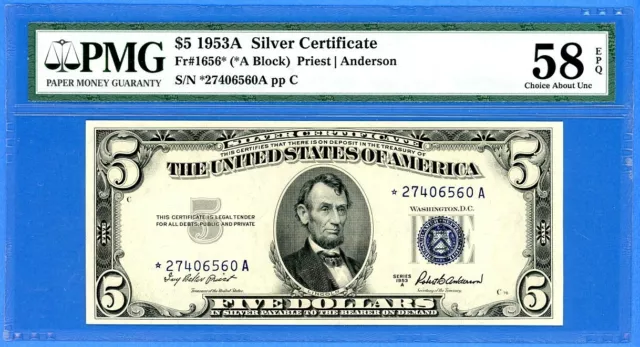 1953 A $5 Star Silver Certificate Legal Tender Fr# 1656* US Note PMG 58 EPQ