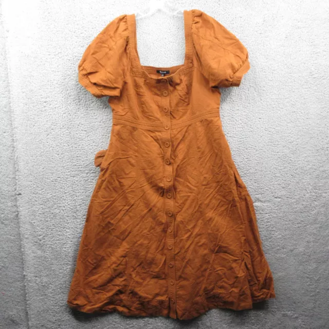 Madewell Windownpane Midi Button Down Dress Womens 14 Orange Pockets Linen